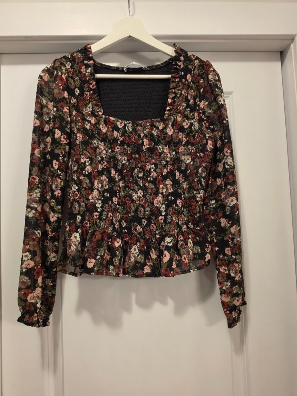Devoted Floral Smocked Square Neck Peplum Blouse - Size Small (S/P)
